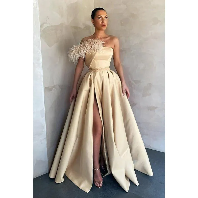 A-line High Split Strapless Prom Dress with Pockets