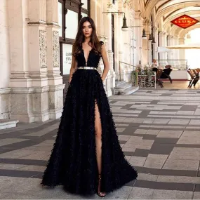 Black Feather Sleeveless Prom Dress