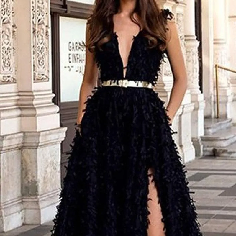 Black Feather Sleeveless Prom Dress