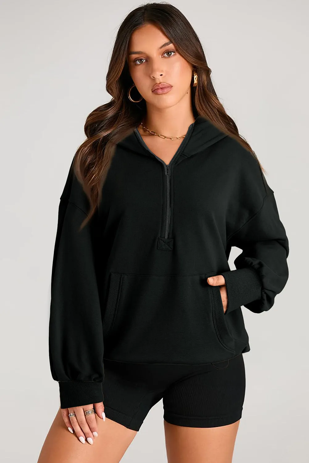 Black Half Zipper Oversized Hoodie