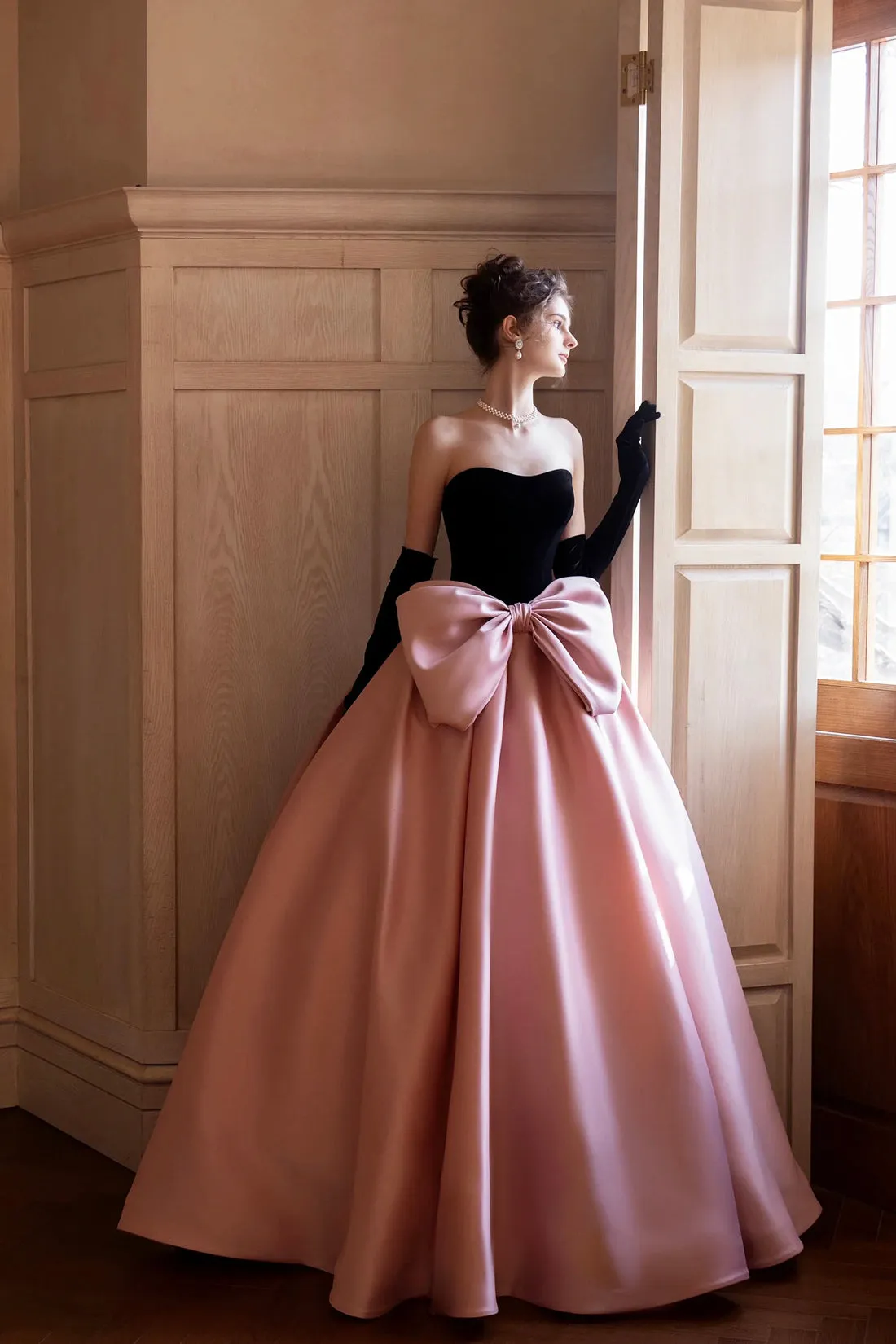 Black Velvet and Satin Long Formal Dress, Beautiful Strapless Evening Party Dress with Bow