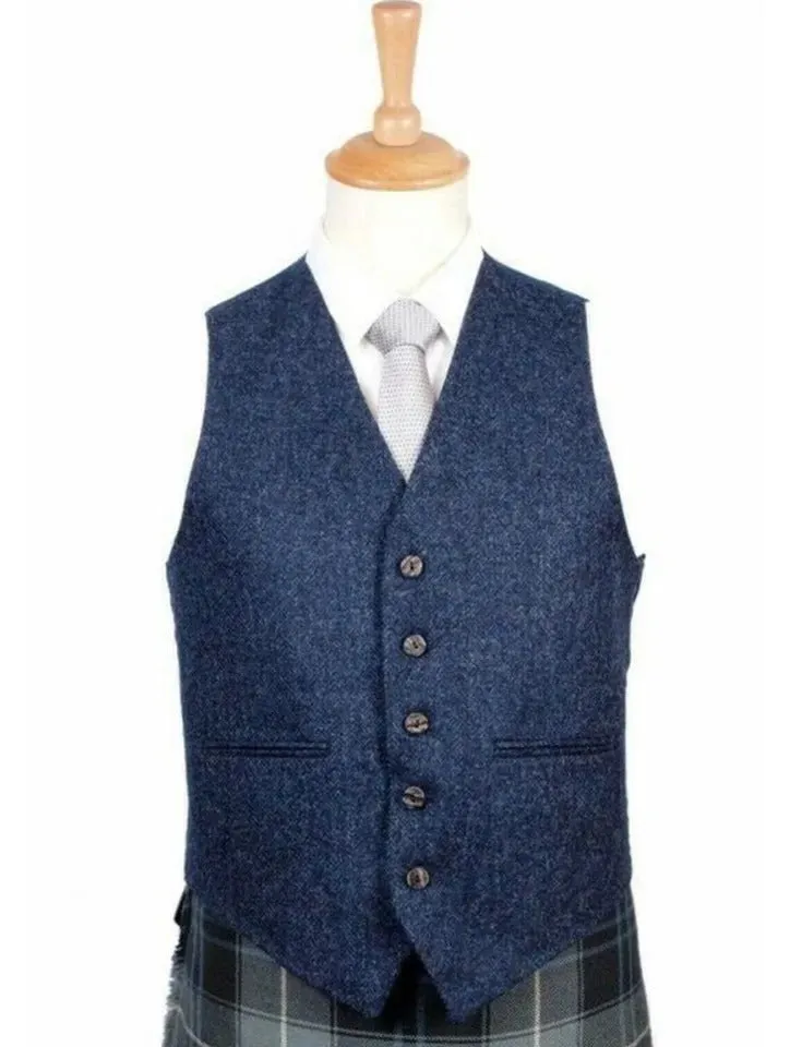Blue Serge Argyle Jacket with 5-Button Waistcoat - Elegant Wedding Kilt Jacket