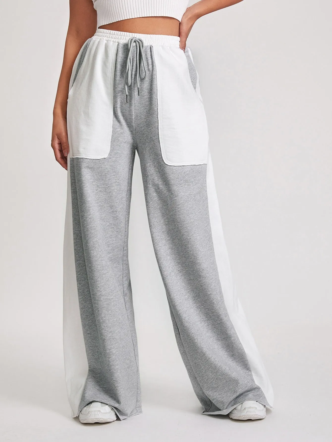 Colorblock Raw Hem High Waist Long Women Sweatpants