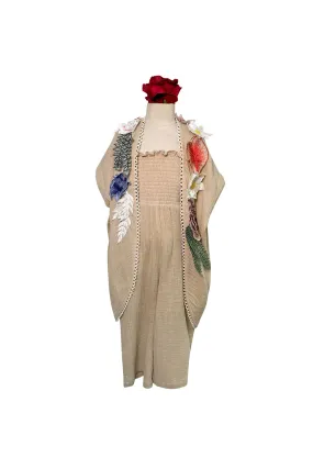 Cotton Jumpsuit with Floral Applique Cape