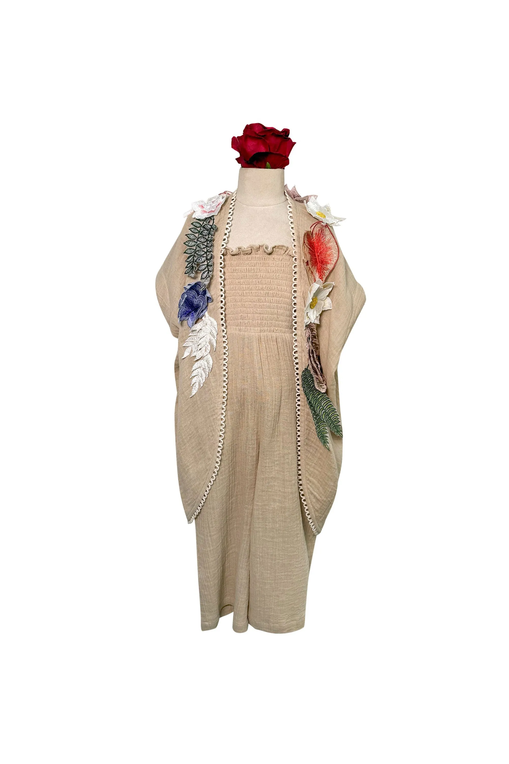 Cotton Jumpsuit with Floral Applique Cape