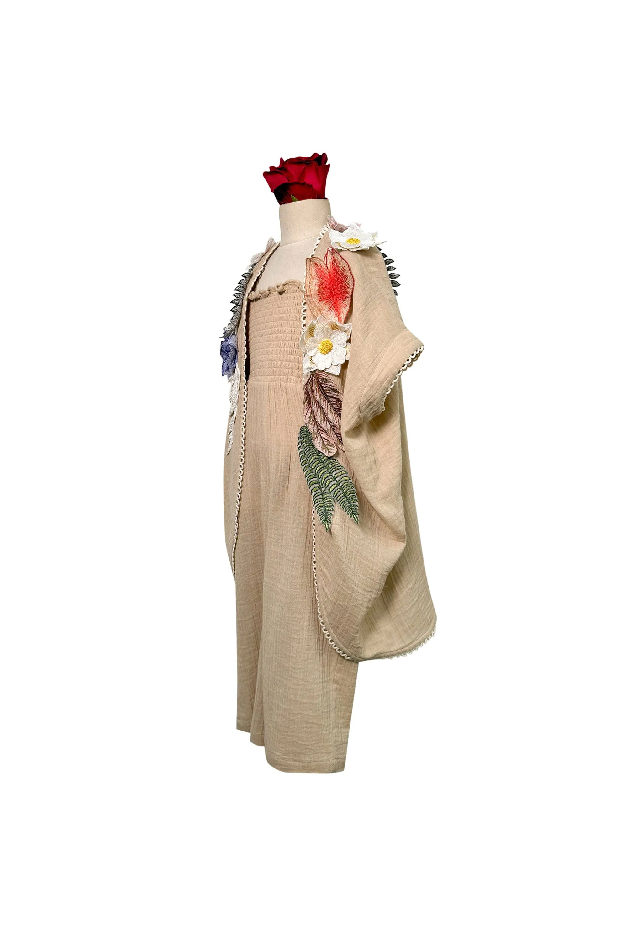 Cotton Jumpsuit with Floral Applique Cape
