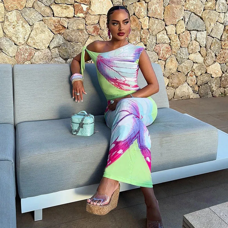 Elegant Summer Butterfly Print Slim-Fit Long Dress with Diagonal Shoulder