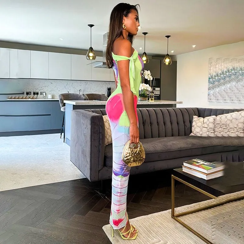 Elegant Summer Butterfly Print Slim-Fit Long Dress with Diagonal Shoulder