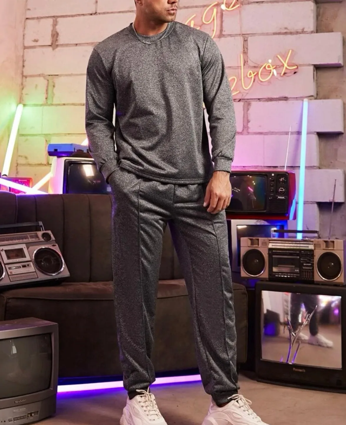 Extended sizes men marled knit sweatshirt & sweatpants