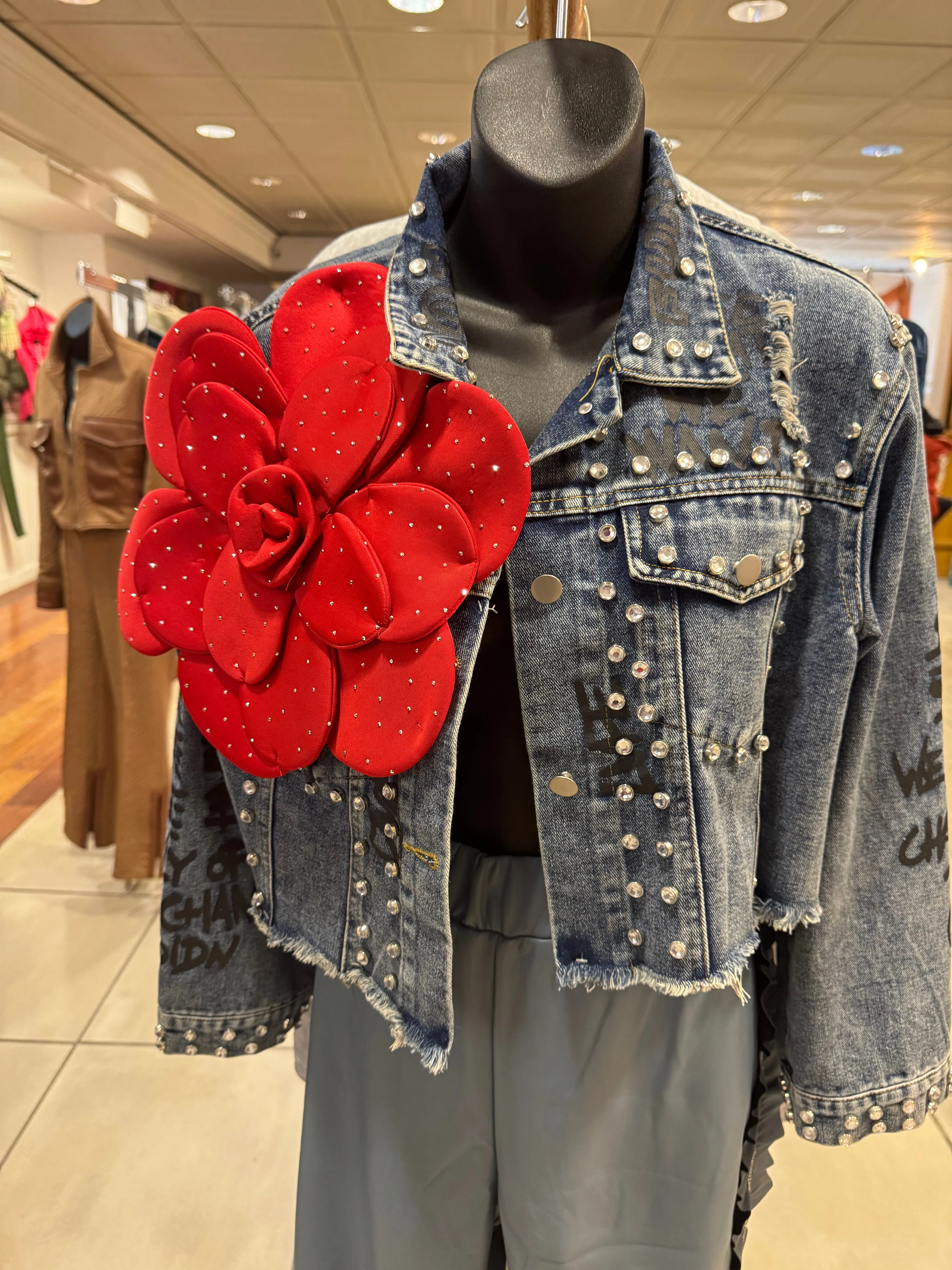 Flower jean jacket with rhinestones