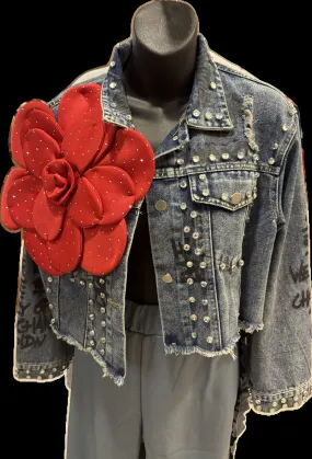 Flower jean jacket with rhinestones