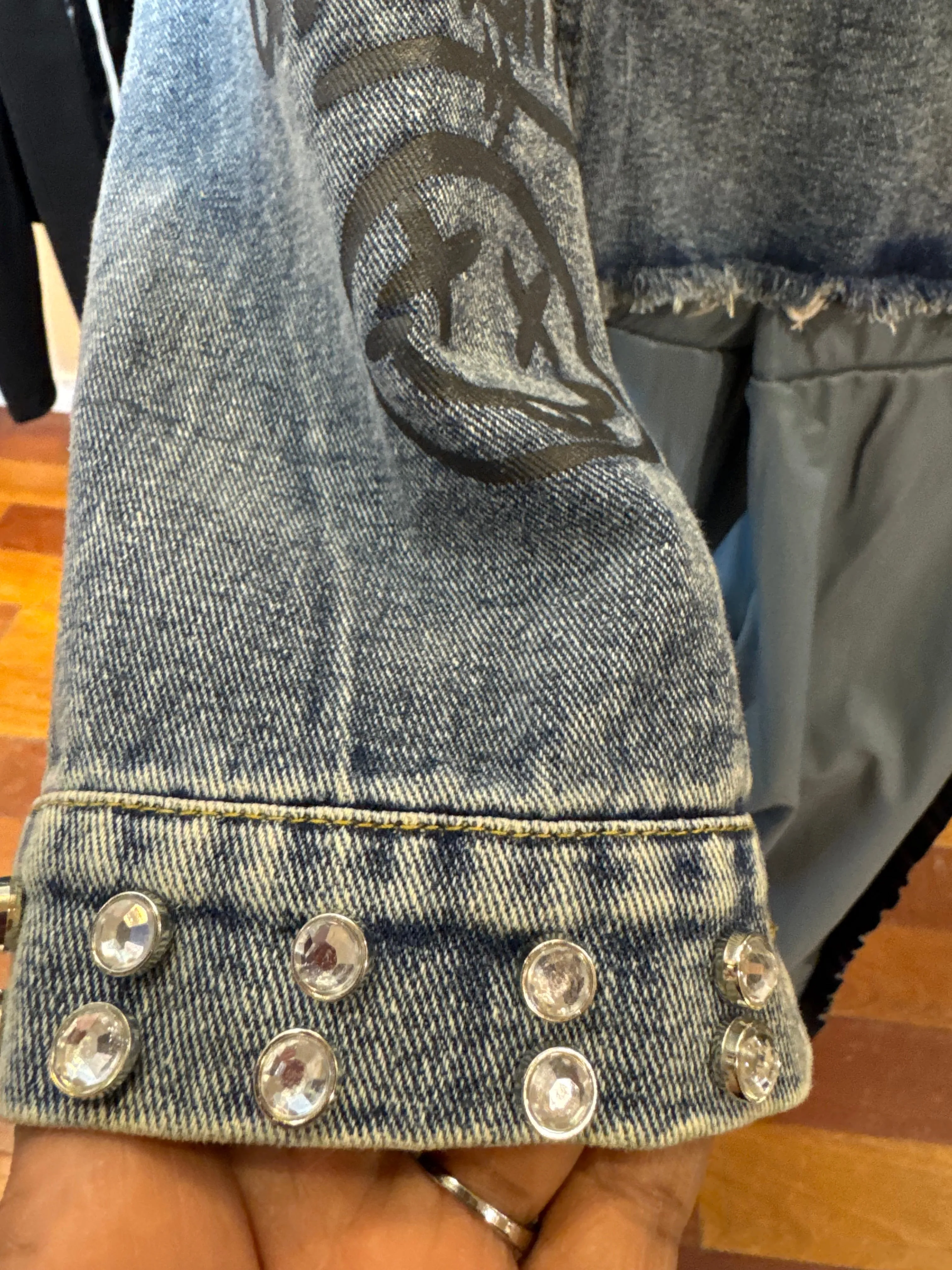 Flower jean jacket with rhinestones