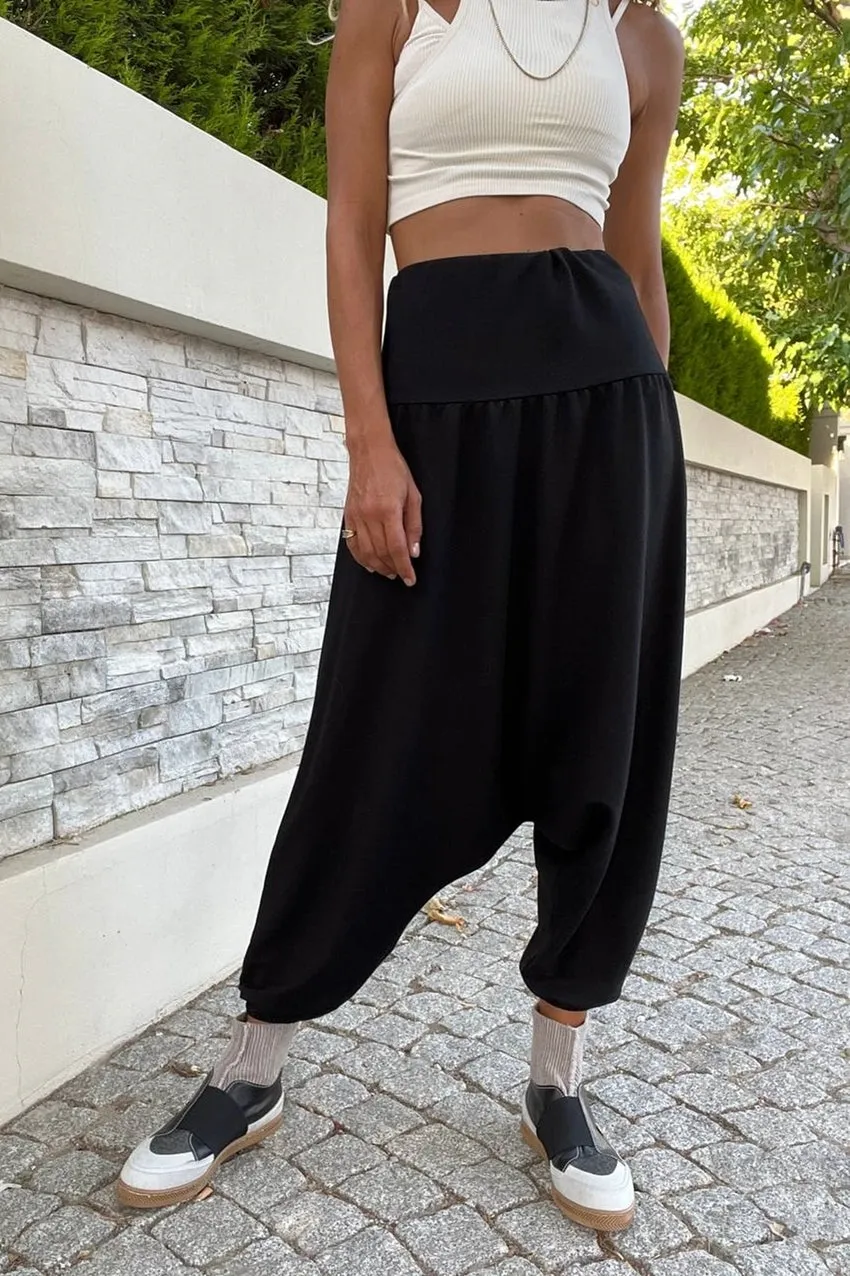 GNS Woman Black High Waist Elastic Waist Low Mesh Baggy Loose Pants Bst3466 - Puebla