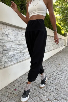 GNS Woman Black High Waist Elastic Waist Low Mesh Baggy Loose Pants Bst3466 - Puebla