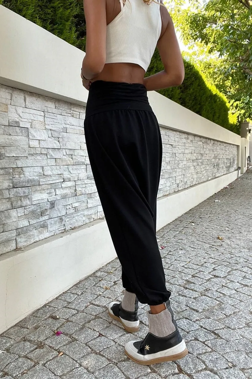 GNS Woman Black High Waist Elastic Waist Low Mesh Baggy Loose Pants Bst3466 - Puebla