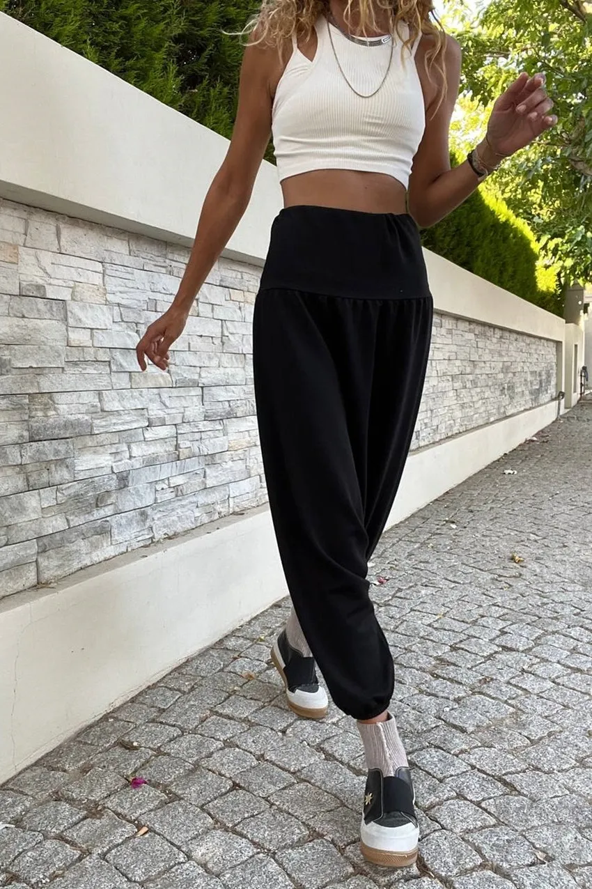 GNS Woman Black High Waist Elastic Waist Low Mesh Baggy Loose Pants Bst3466 - Puebla