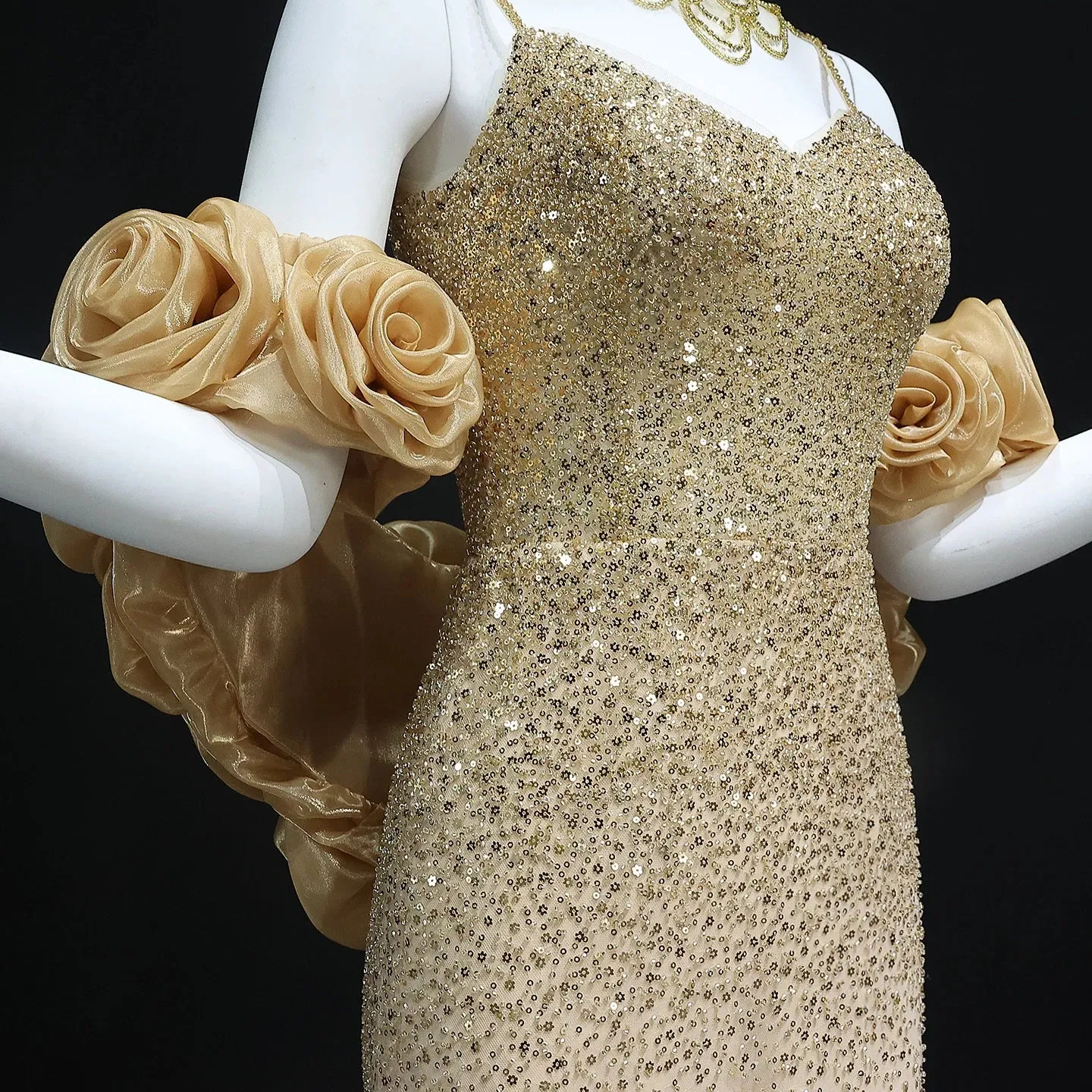 HELEN Luxury 3D Flowers Gold Evening Dress with Cape Chocker