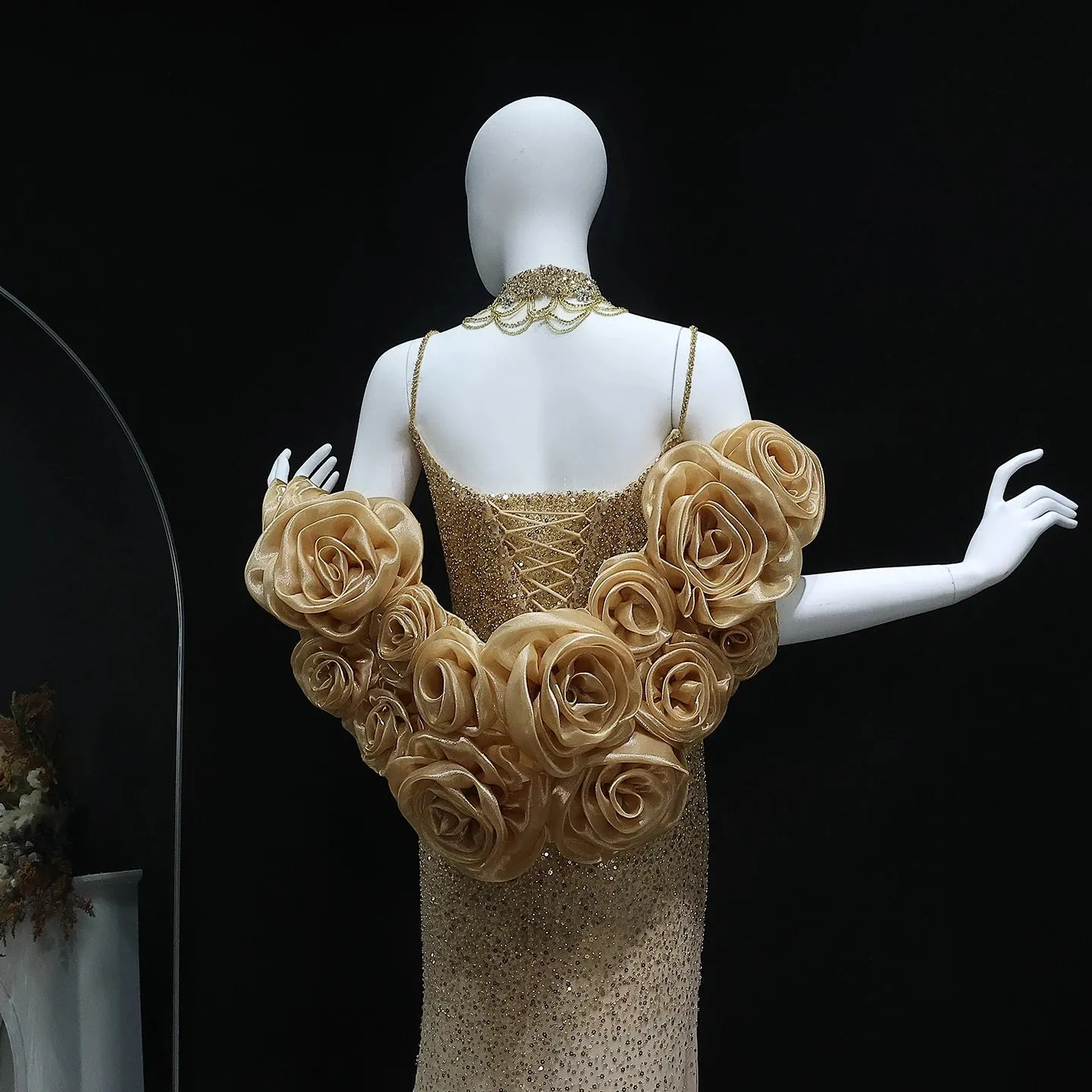 HELEN Luxury 3D Flowers Gold Evening Dress with Cape Chocker