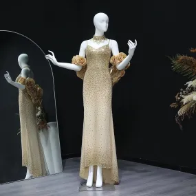 HELEN Luxury 3D Flowers Gold Evening Dress with Cape Chocker