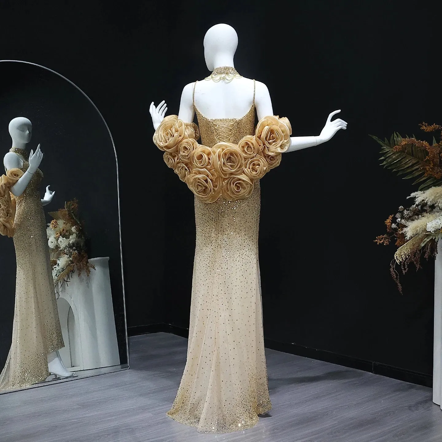 HELEN Luxury 3D Flowers Gold Evening Dress with Cape Chocker
