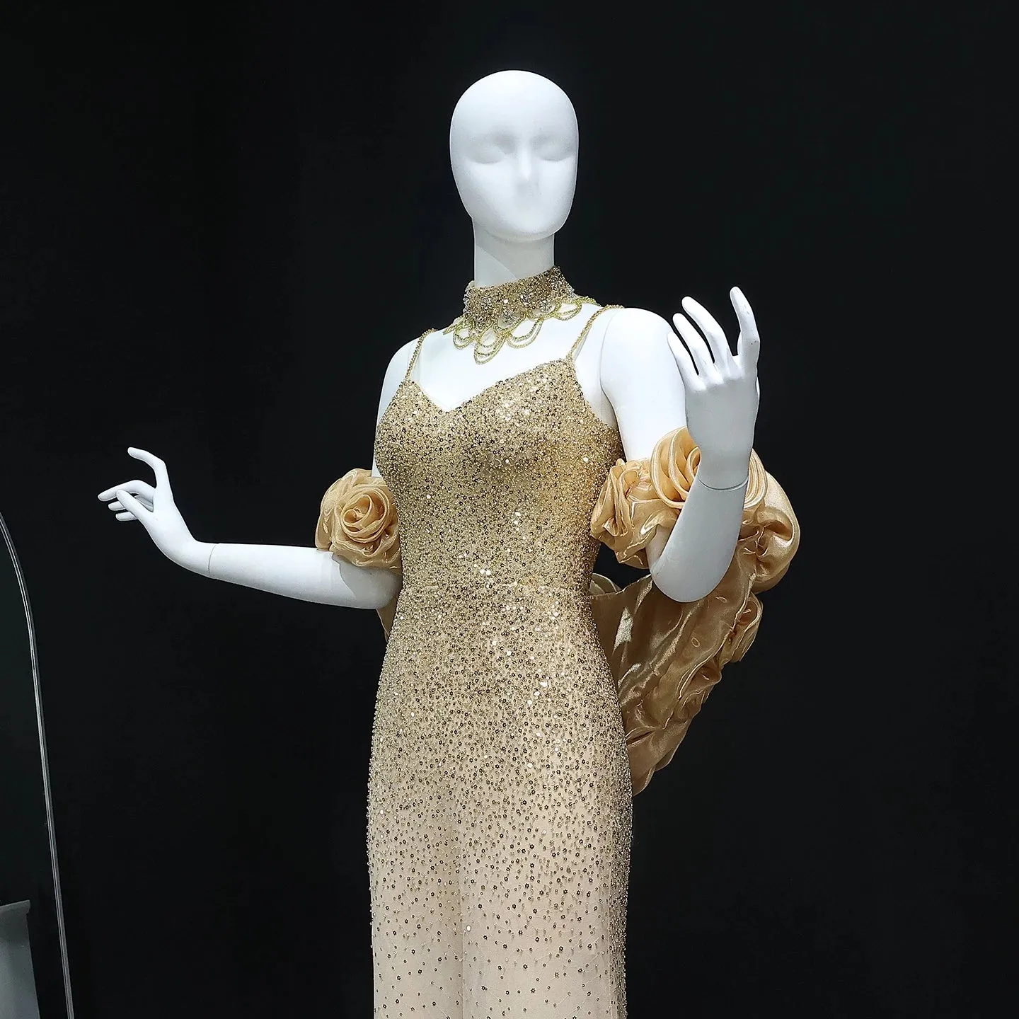 HELEN Luxury 3D Flowers Gold Evening Dress with Cape Chocker
