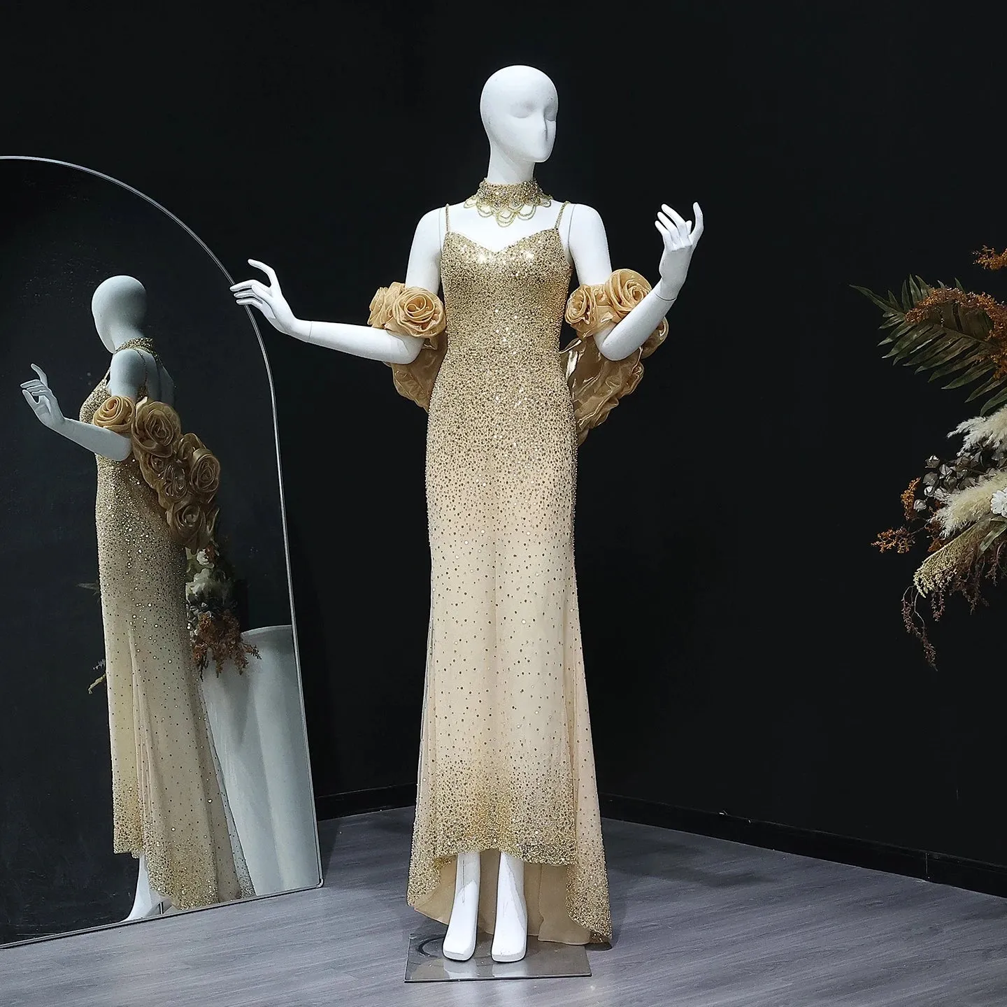 HELEN Luxury 3D Flowers Gold Evening Dress with Cape Chocker