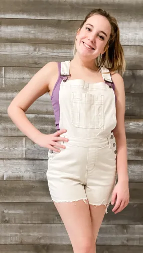 Judy Blue High Waist Garment Dyed Destroyed Overall Shorts in Ecru
