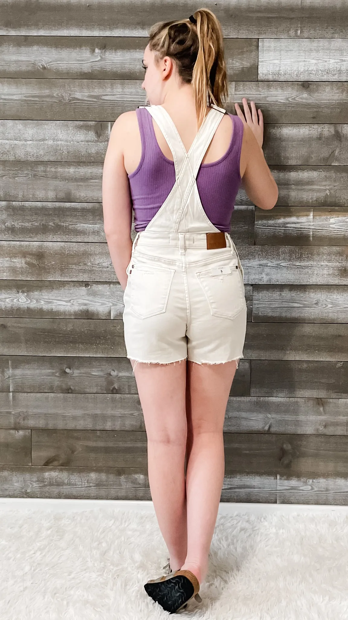 Judy Blue High Waist Garment Dyed Destroyed Overall Shorts in Ecru