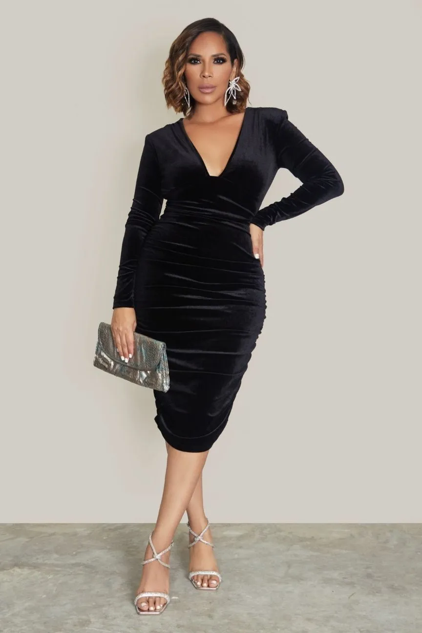 Liora Deep Ruched Velvet Bodycon Dress