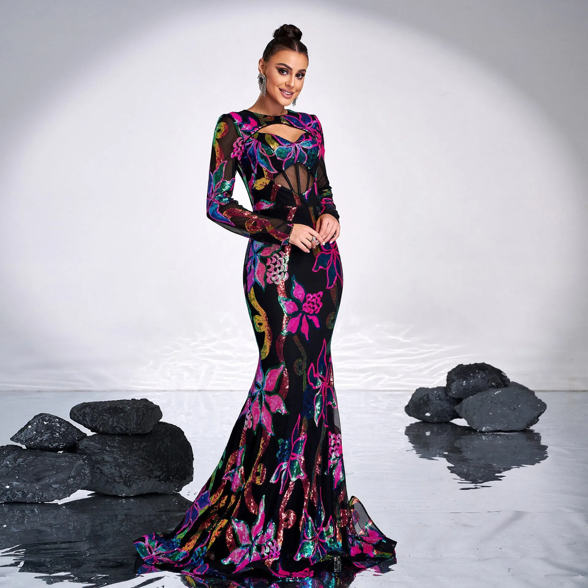 Long Sleeve Cutout Sequined Fishtail Evening Dress