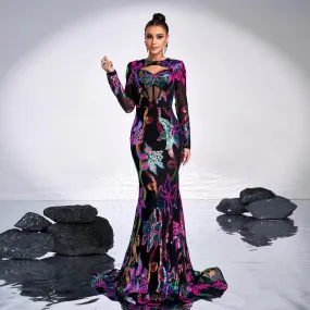 Long Sleeve Cutout Sequined Fishtail Evening Dress