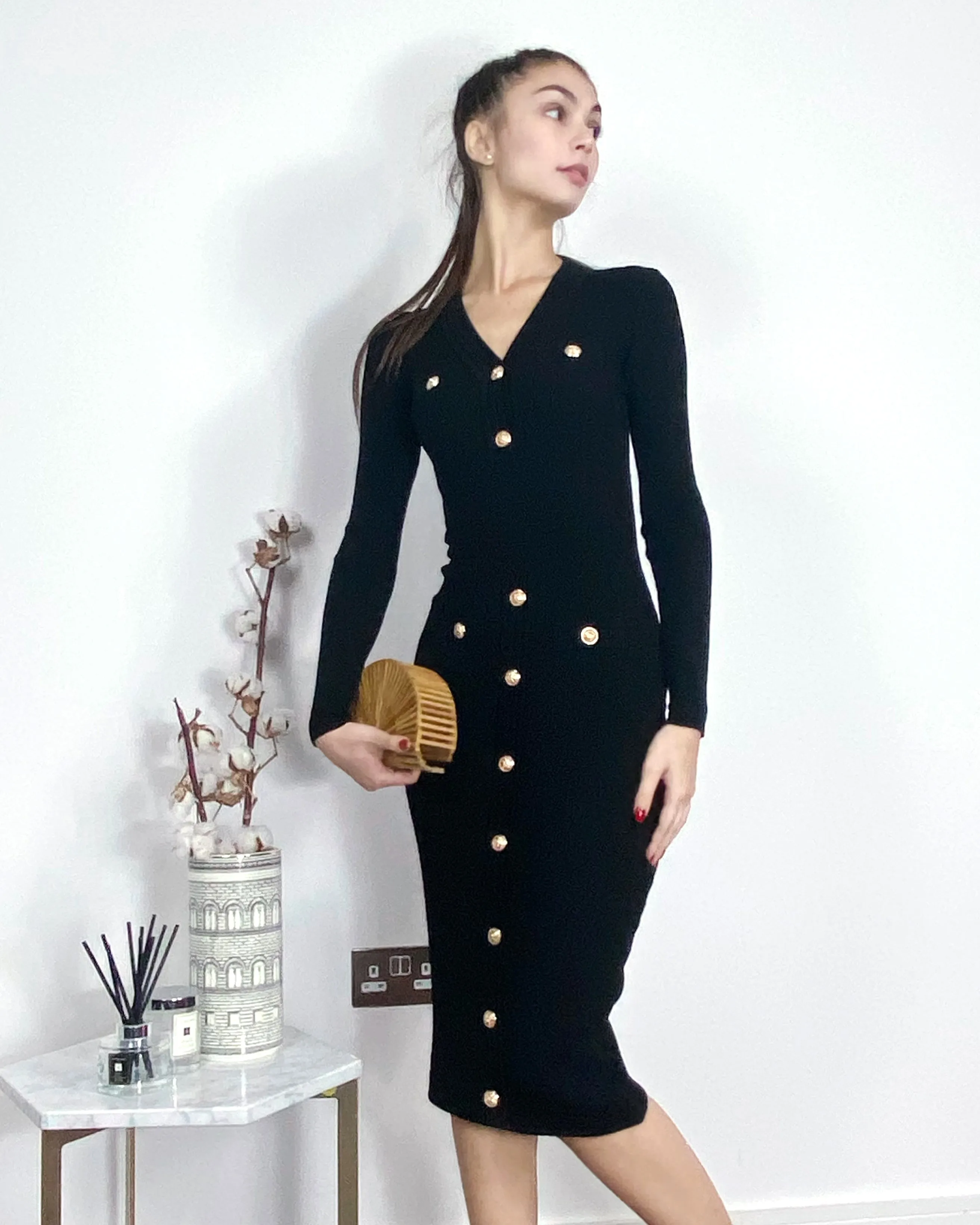 Long sleeves Buttons Design Midi bodycon dress in black