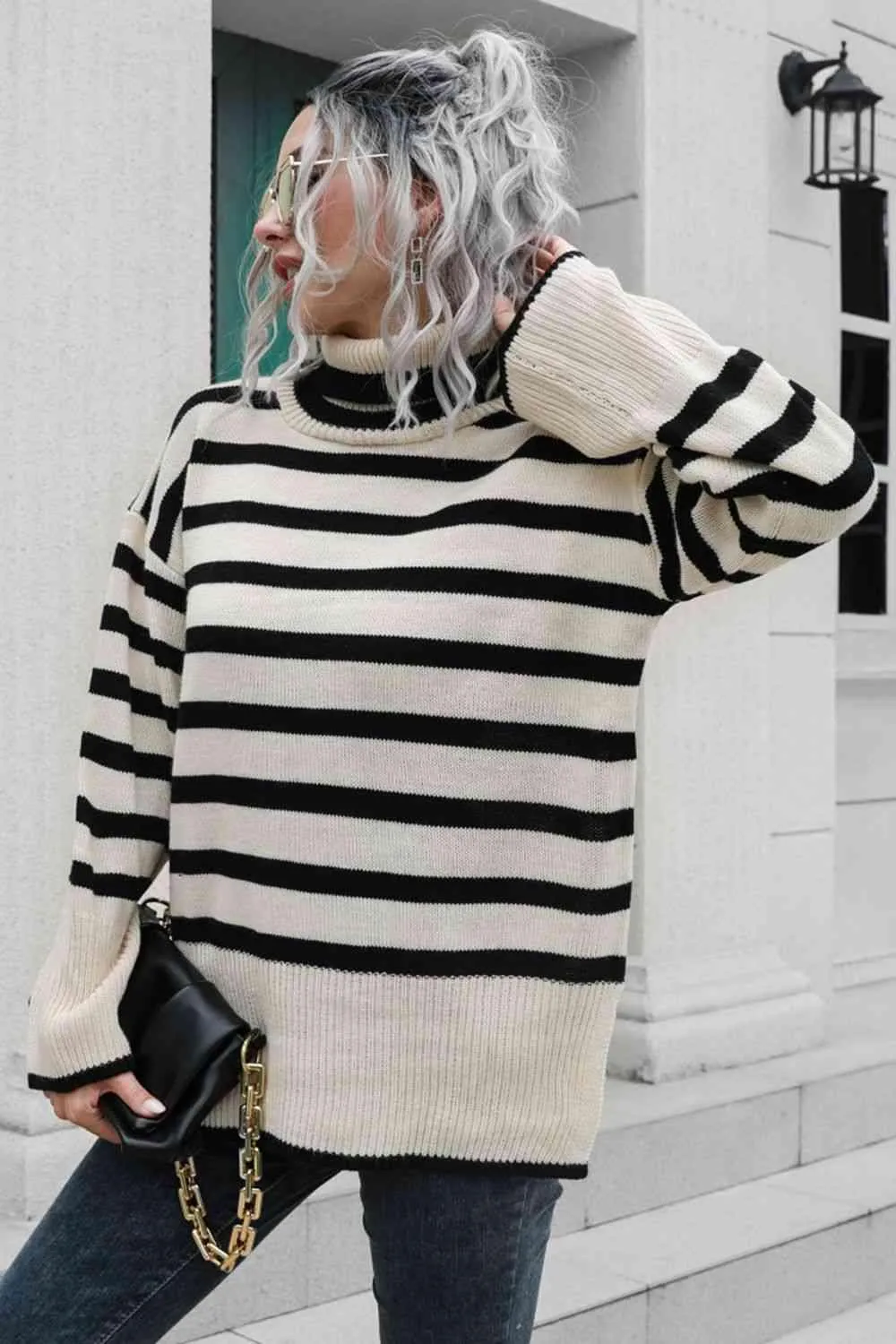 Loose And Comfy Striped Turtleneck Sweater