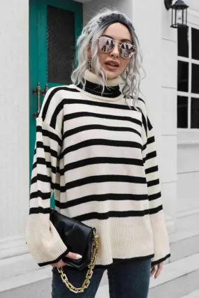 Loose And Comfy Striped Turtleneck Sweater