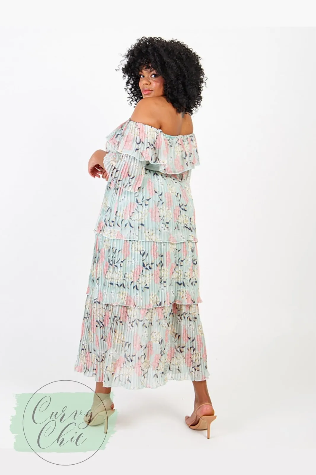 Lovedrobe Luxe Mint Floral Bardot Pleat Maxi Dress