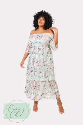 Lovedrobe Luxe Mint Floral Bardot Pleat Maxi Dress