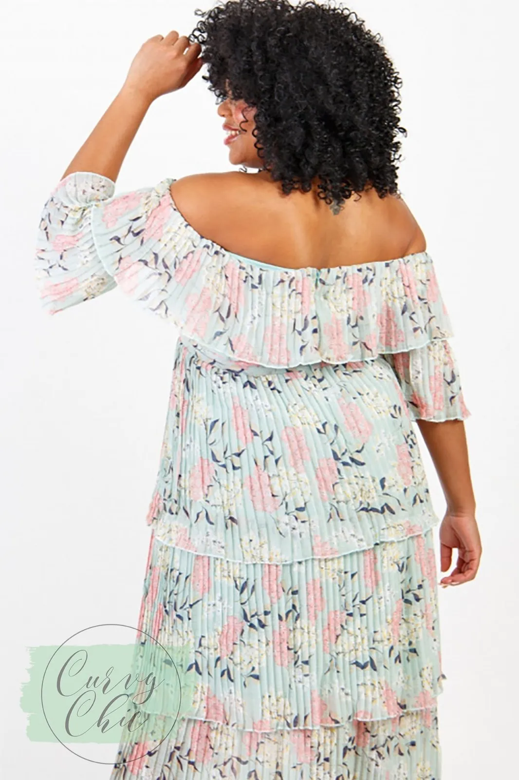 Lovedrobe Luxe Mint Floral Bardot Pleat Maxi Dress