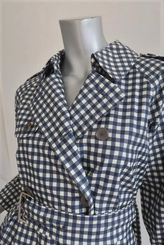 Marc Jacobs Gingham Trench Coat Blue/Cream Coated Silk Jacket Size 2