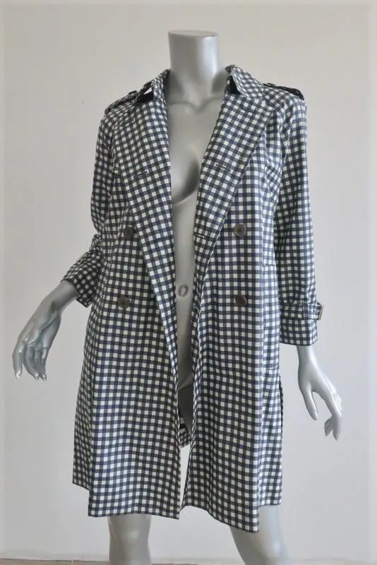 Marc Jacobs Gingham Trench Coat Blue/Cream Coated Silk Jacket Size 2
