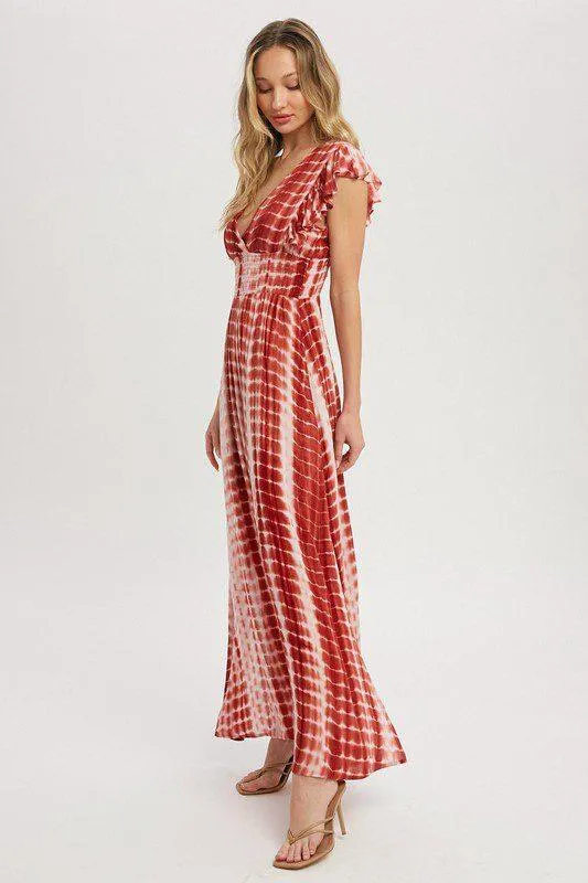Maxi Dress - Bamboo Tie Dye Pattern, Deep V-neckline