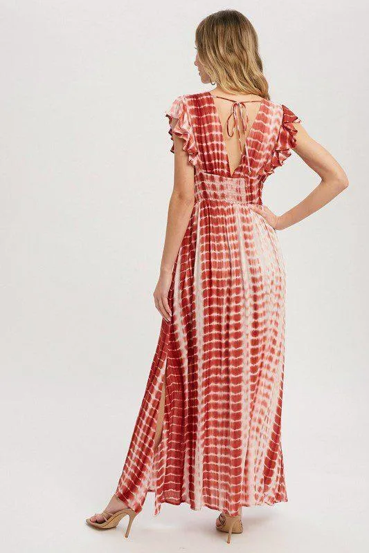 Maxi Dress - Bamboo Tie Dye Pattern, Deep V-neckline