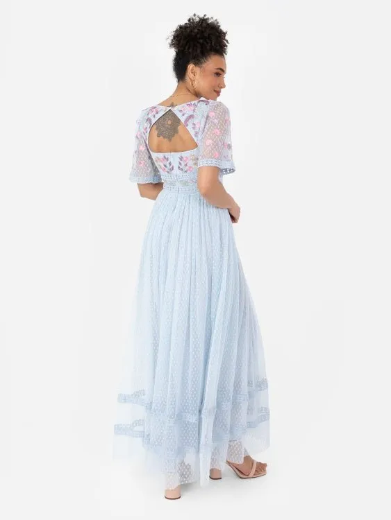 Maya Baby Blue Embroidered Spot Mesh Maxi Dress with Keyhole Back