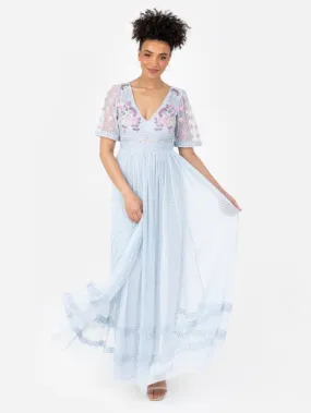Maya Baby Blue Embroidered Spot Mesh Maxi Dress with Keyhole Back
