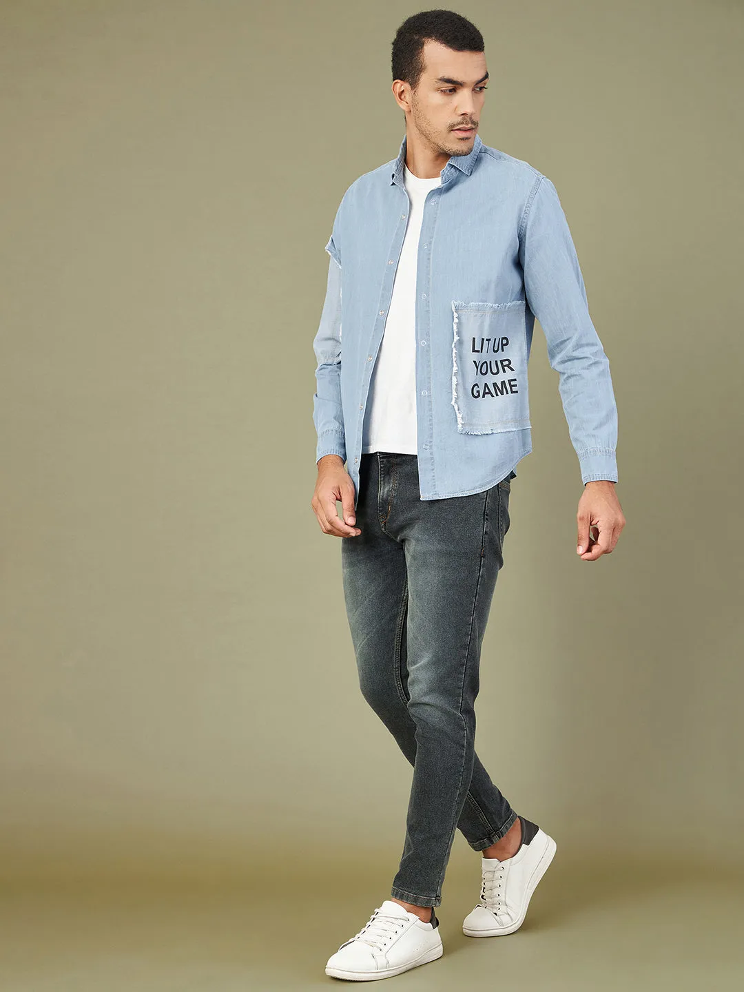 Men's Blue Tencel Print Patch Regular Shirt - LYUSH-MASCLN