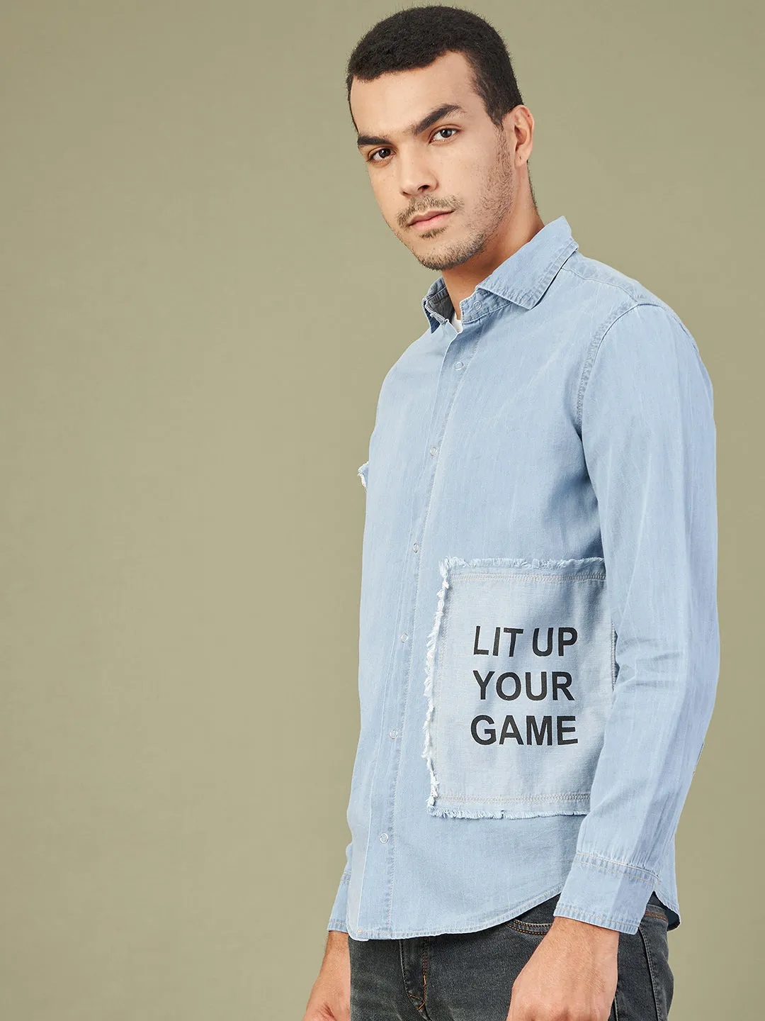 Men's Blue Tencel Print Patch Regular Shirt - LYUSH-MASCLN