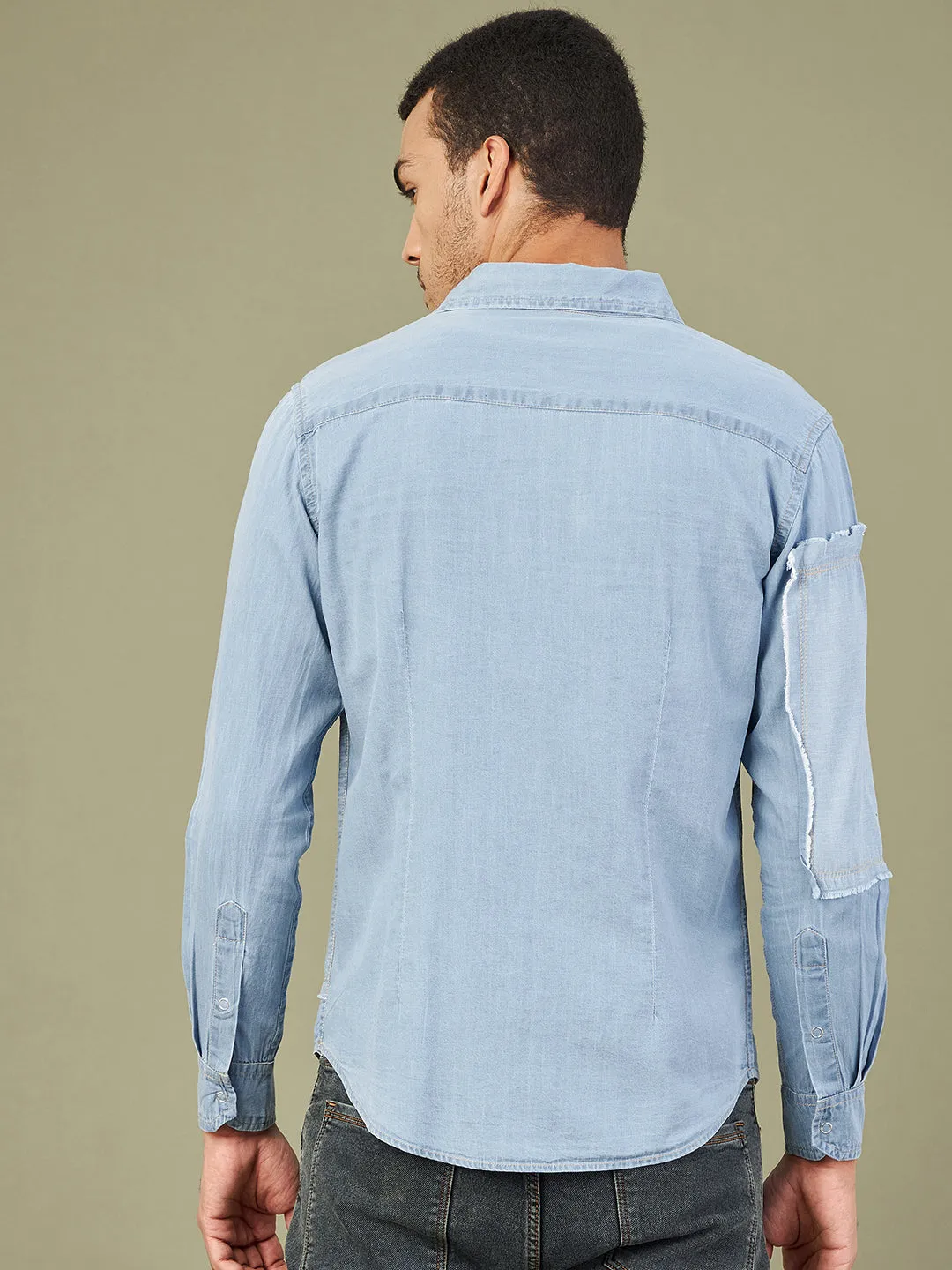 Men's Blue Tencel Print Patch Regular Shirt - LYUSH-MASCLN