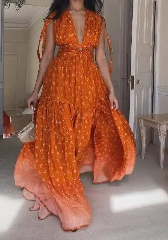 Orange Flowing Design Maxi Dress