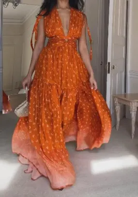 Orange Flowing Design Maxi Dress