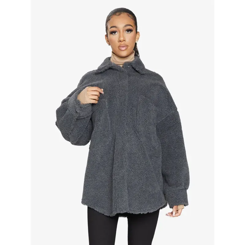 Oversized Patch Pocket Borg Teddy Shacket