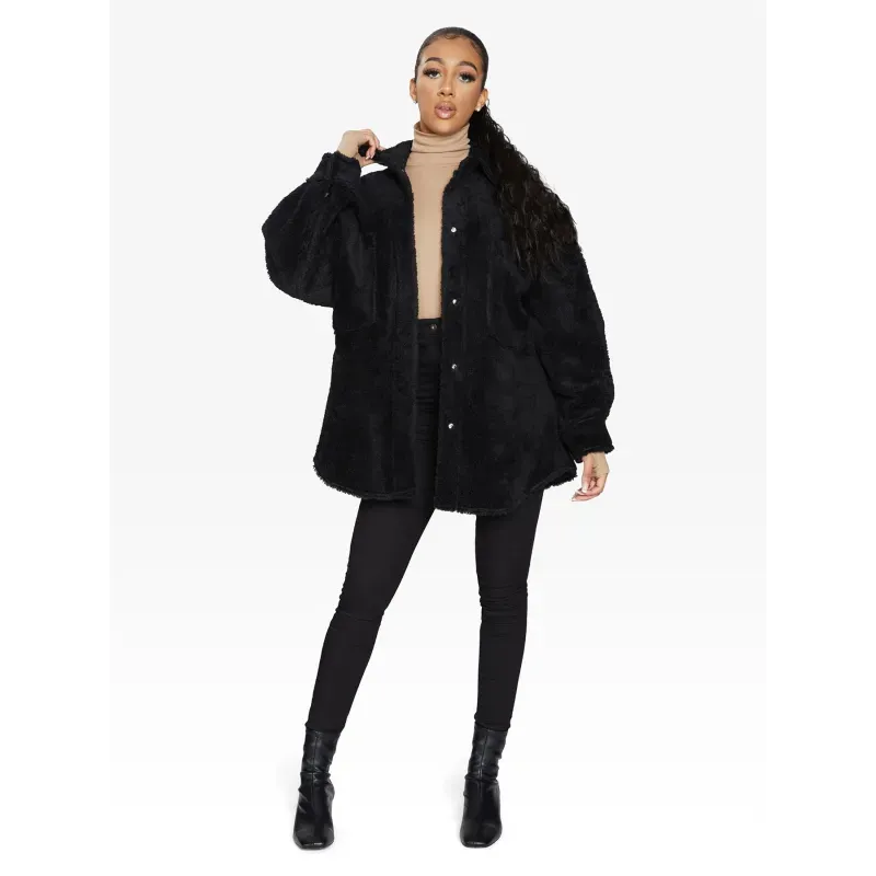 Oversized Patch Pocket Borg Teddy Shacket